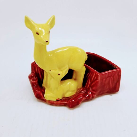 Vintage Shawnee Deer Planter 669, Doe & Fawn MCM Art Pottery, Yellow Burgundy - Picture 2 of 6